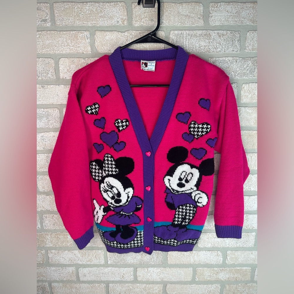 Vintage Mickey & Friends by Jet Set Hot Pink Cardigan Sweater Size L(14) - 0362